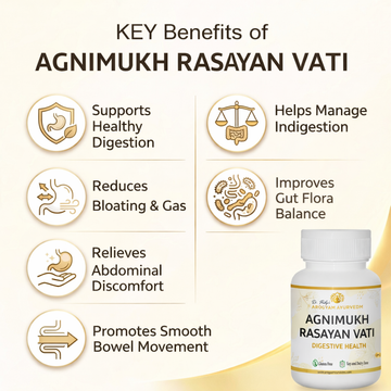 AROGYAM AYURVEDM Agni Mukh Rasayan Vati helps reducing flatulence, abdominal distension, and intestinal gas.