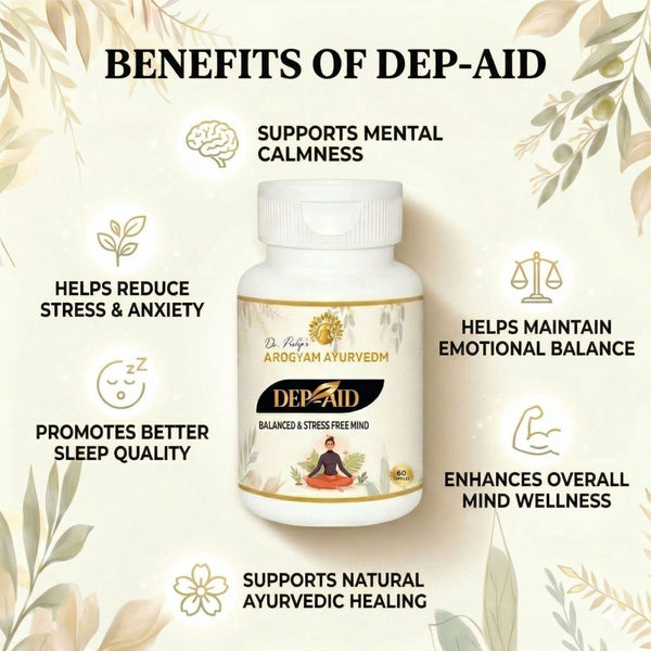 Dr Pushp's                  AROGYAM AYURVEDM,      Cap DEP AID.                      Helps in stress, Anxiety and Depression | Herbal Formulation| स्वर्ण भस्म युक्त✨