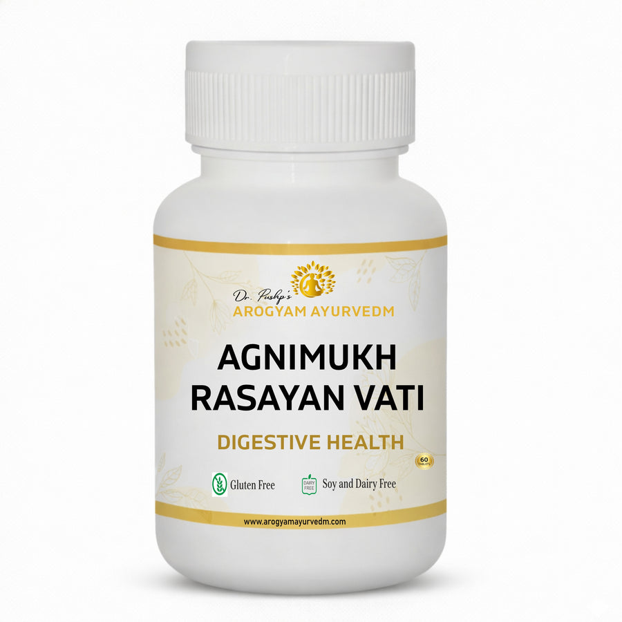 AROGYAM AYURVEDM Agni Mukh Rasayan Vati helps reducing flatulence, abdominal distension, and intestinal gas.